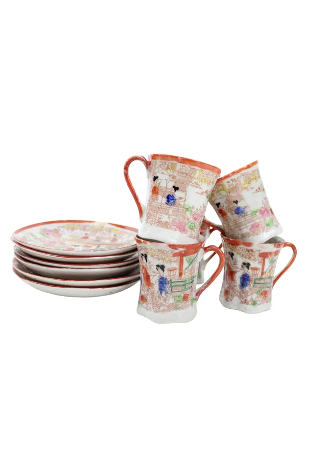 Jubilee Thrift Earrings Vintage Japanese Orange Painted Teacups Saucers Set Of 6