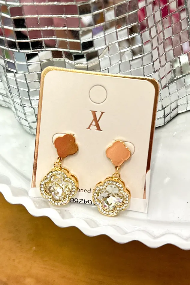 Judson Earrings Glass Crystal Clover Drop Earrings With Rhinestone Border