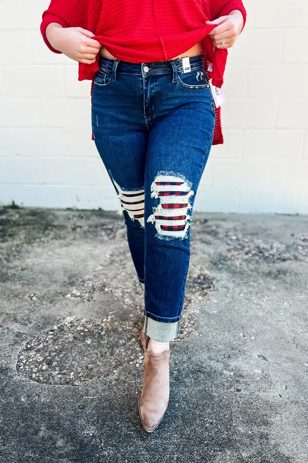 Judy Blue Earrings Judy Blue Mid Rise Boyfriend Buffalo Plaid Knee Cuff Jeans