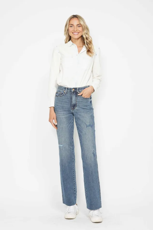JUDY BLUE JUDY BLUE HIGH WAIST TUMMY CONTROL RAW HEM STRAIGHT JEAN MEDIUM STONE Rings JUDY BLUE JUDY BLUE HIGH WAIST TUMMY CONTROL RAW HEM STRAIGHT JEAN MEDIUM STONE Rings