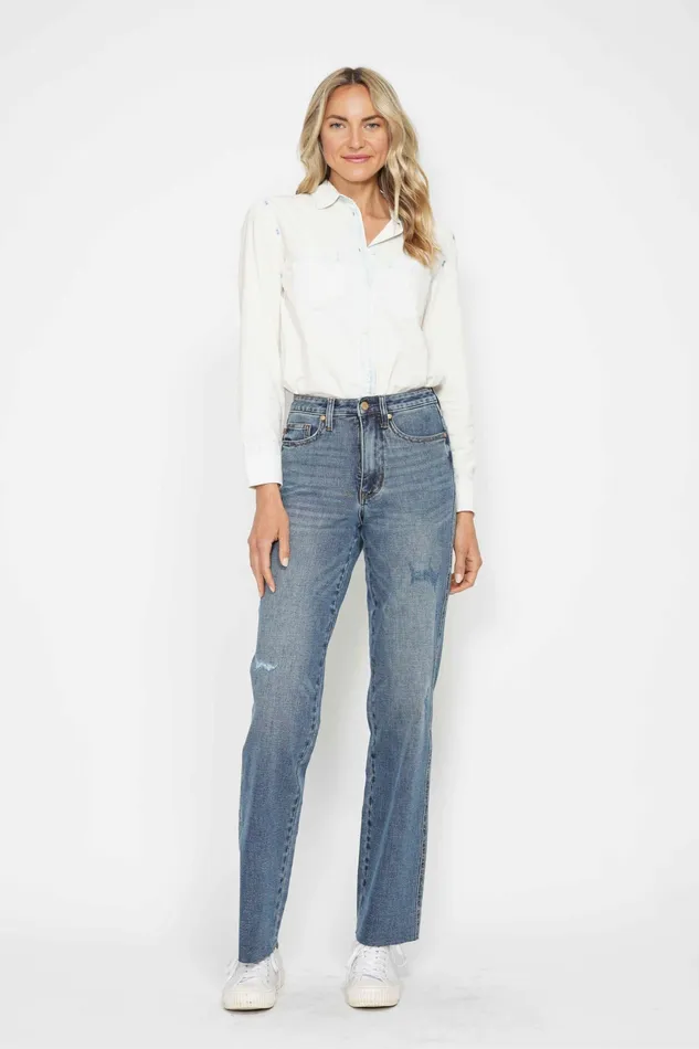 JUDY BLUE JUDY BLUE HIGH WAIST TUMMY CONTROL RAW HEM STRAIGHT JEAN MEDIUM STONE Rings JUDY BLUE JUDY BLUE HIGH WAIST TUMMY CONTROL RAW HEM STRAIGHT JEAN MEDIUM STONE Rings