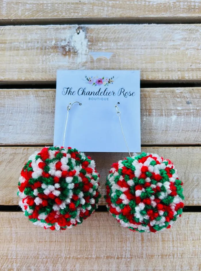 LARGE POM POM EARRINGS RED GREEN AND WHITE The Chandelier Rose Boutique Earrings