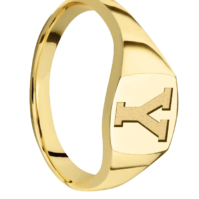 Lashbrook Rings Small Cushion signet ring 10x10mm in 14K Yellow Gold with a Thin style band and a Brigham Young Block Y engraving