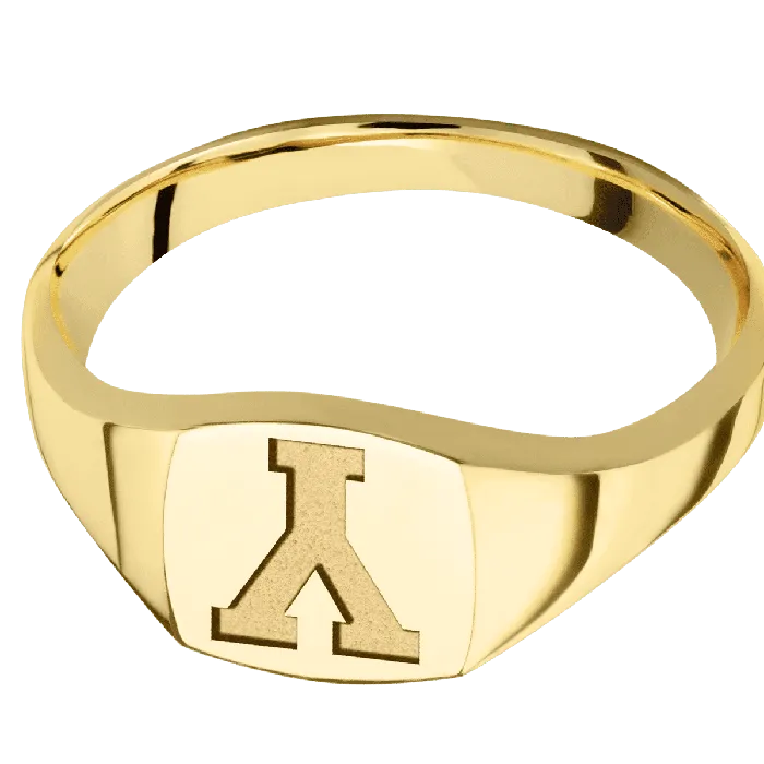 Lashbrook Rings Small Cushion signet ring 10x10mm in 14K Yellow Gold with a Thin style band and a Brigham Young Block Y engraving Lashbrook Rings Small Cushion signet ring 10x10mm in 14K Yellow Gold with a Thin style band and a Brigham Young Block Y engraving