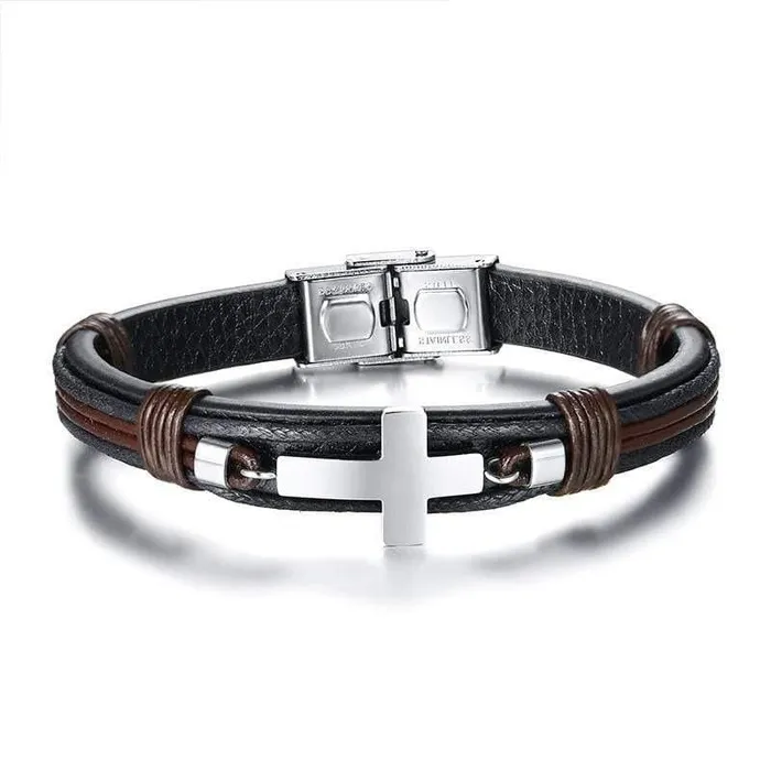 Lords Guidance Bracelets Mens Cross Bracelet br Leather Silver Cross