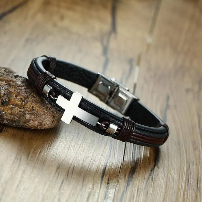 Lords Guidance Bracelets Mens Cross Bracelet br Leather Silver Cross