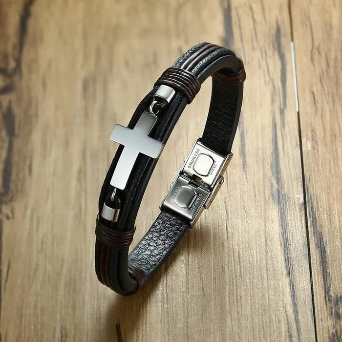 Lords Guidance Bracelets Mens Cross Bracelet br Leather Silver Cross