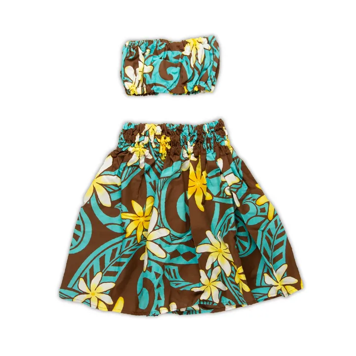 MALULANIO Hawaiian Pau Hula Skirt Top Malulani Keiki Set 6M Earrings