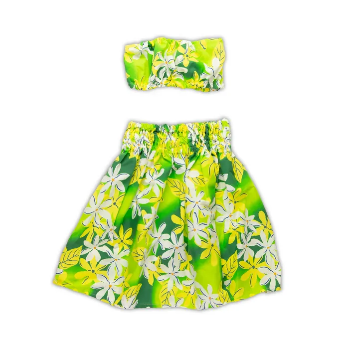 MALULANIO Hawaiian Pau Hula Skirt Top Malulani Keiki Set 6M Earrings