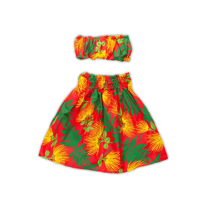 MALULANIO Hawaiian Pau Hula Skirt Top Malulani Keiki Set 6M Earrings