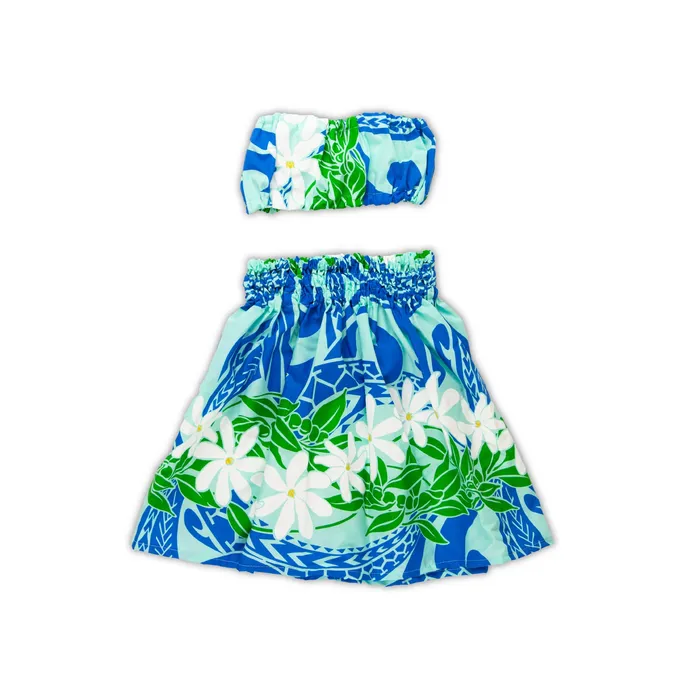 MALULANIO Hawaiian Pau Hula Skirt Top Malulani Keiki Set 6M Earrings