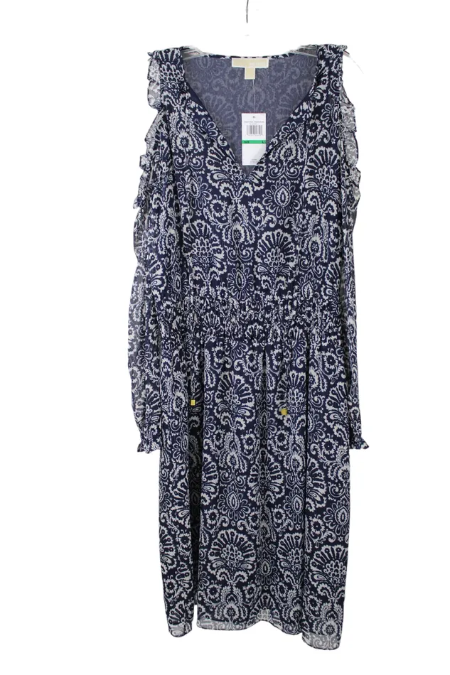 Michael Kors Rings NEW Michael Kors Blue Chiffon Cold Shoulder Gold Shimmer Dress L