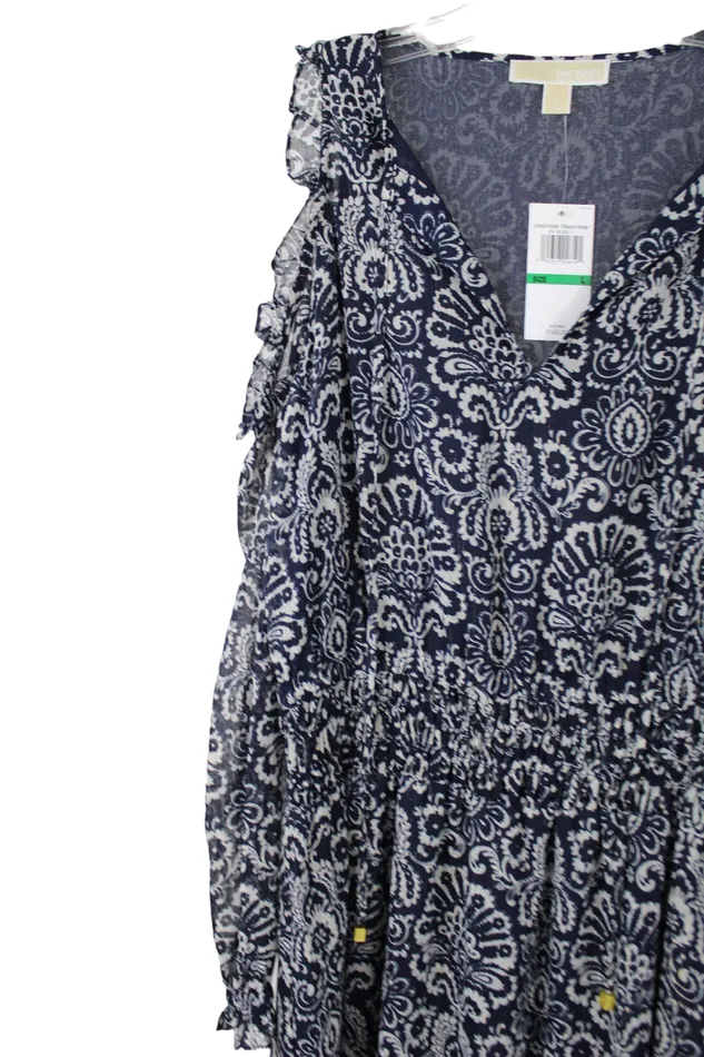 Michael Kors Rings NEW Michael Kors Blue Chiffon Cold Shoulder Gold Shimmer Dress L