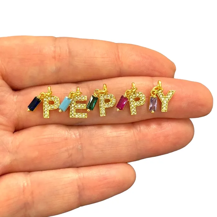 Necklaces 24Kt Gold Plated Micro Pave Initial With Birthstone Charm Peppy Beads Necklaces 24Kt Gold Plated Micro Pave Initial With Birthstone Charm Peppy Beads