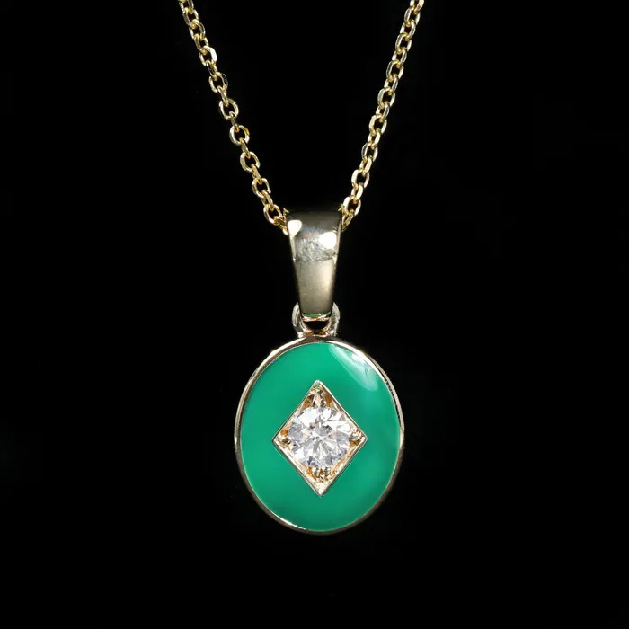 Necklaces Immaculate Jewelry 14K Yellow Gold 018 Carat Diamond and Green Enamel Pendant Necklaces Immaculate Jewelry 14K Yellow Gold 018 Carat Diamond and Green Enamel Pendant