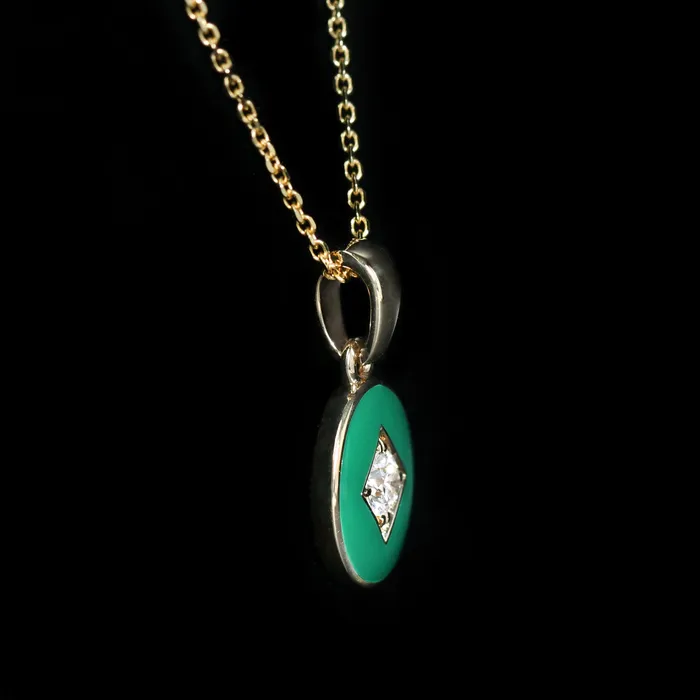 Necklaces Immaculate Jewelry 14K Yellow Gold 018 Carat Diamond and Green Enamel Pendant