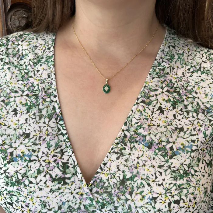 Necklaces Immaculate Jewelry 14K Yellow Gold 018 Carat Diamond and Green Enamel Pendant