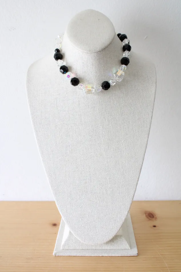 Necklaces Jubilee Thrift Black Clear Glass Beaded Choker Vintage Facet Necklace
