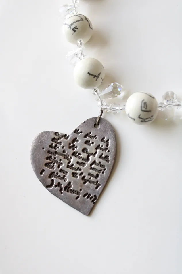 Necklaces Jubilee Thrift White Lettering Beaded Heart Pendant Chunky Necklace