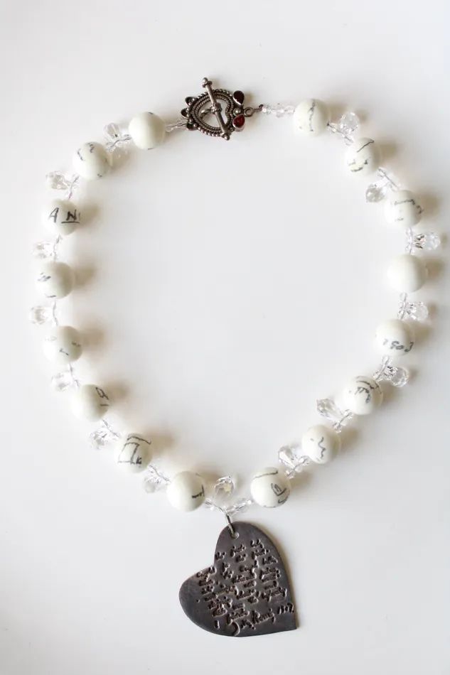 Necklaces Jubilee Thrift White Lettering Beaded Heart Pendant Chunky Necklace