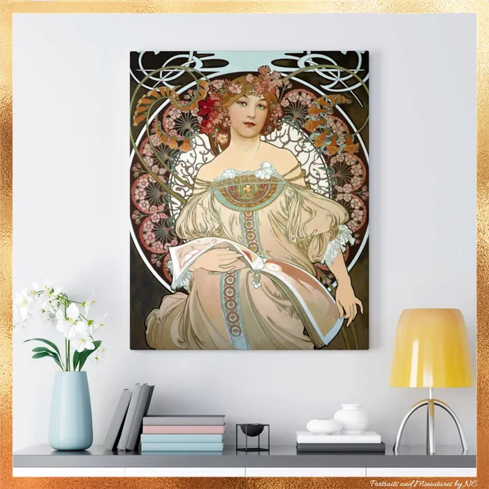 Necklaces Portraits by NC Day Dream After Alphonso Mucha Stretched Canvas Print 24x24 Necklaces Portraits by NC Day Dream After Alphonso Mucha Stretched Canvas Print 24x24