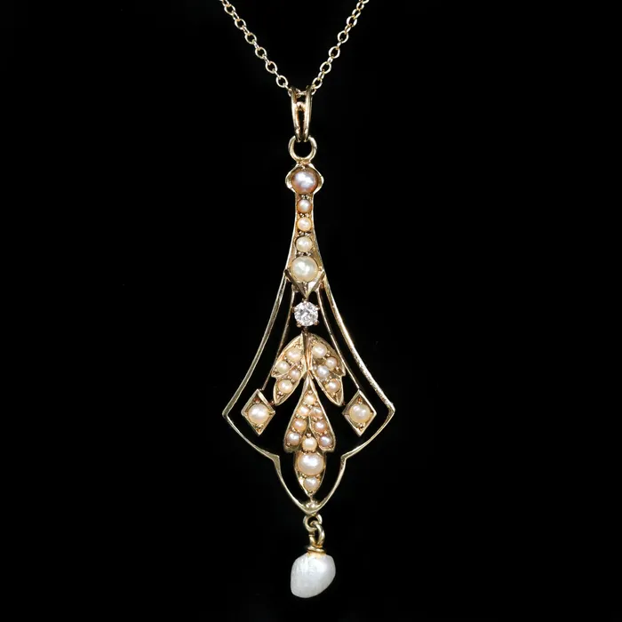 Necklaces Primative Gemstone Victorian Old Mine Cut Diamond and Pearl Lavalier Pendant Necklaces Primative Gemstone Victorian Old Mine Cut Diamond and Pearl Lavalier Pendant