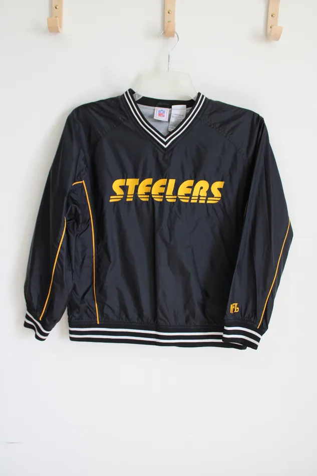 NFL Rings Vintage Pittsburgh Steelers Black Windbreaker Pullover Sweatshirt Youth L 1214 NFL Rings Vintage Pittsburgh Steelers Black Windbreaker Pullover Sweatshirt Youth L 1214