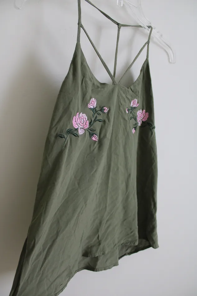 No Boundaries Earrings No Boundaries Olive Green Rose Embroidered Tank M
