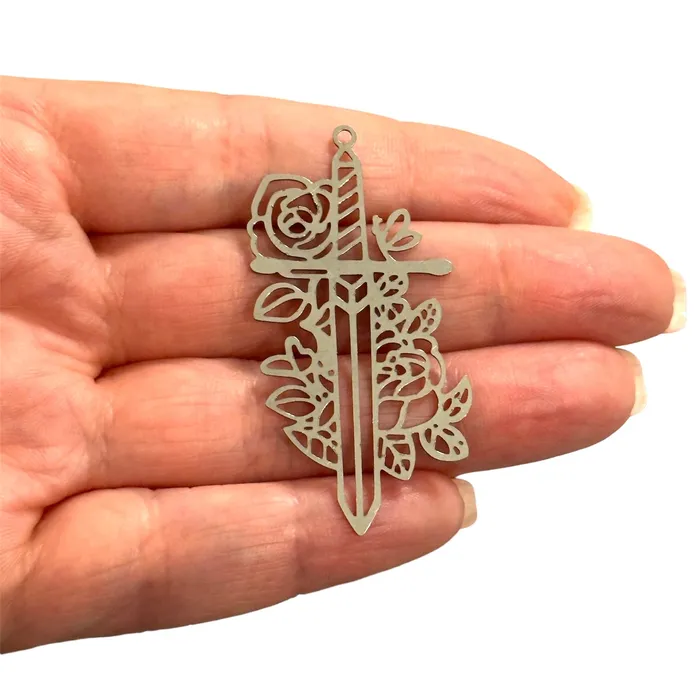 Peppy Beads Charm Necklaces Stainless Steel Sword with Flowers Charm Laser Cut Sword with Flowers Charm Peppy Beads Charm Necklaces Stainless Steel Sword with Flowers Charm Laser Cut Sword with Flowers Charm