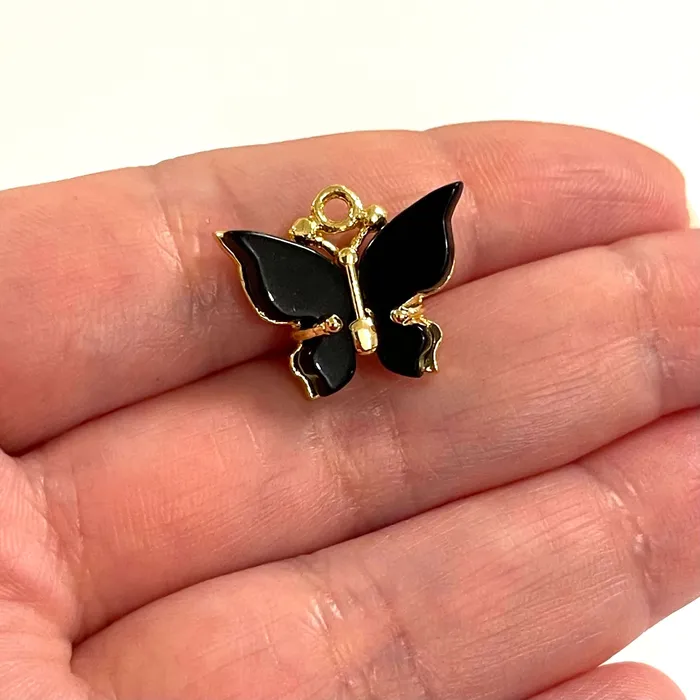Peppy Beads Earrings 24Kt Gold Plated Brass Hand Made Black Resin Butterfly Charms 20x16mm Peppy Beads Earrings 24Kt Gold Plated Brass Hand Made Black Resin Butterfly Charms 20x16mm