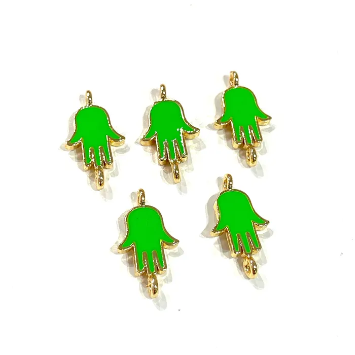 Peppy Beads Earrings 24Kt Gold Plated Brass Neon Green Enamelled Hamsa Connector Charms 5 pcs in a pack Peppy Beads Earrings 24Kt Gold Plated Brass Neon Green Enamelled Hamsa Connector Charms 5 pcs in a pack