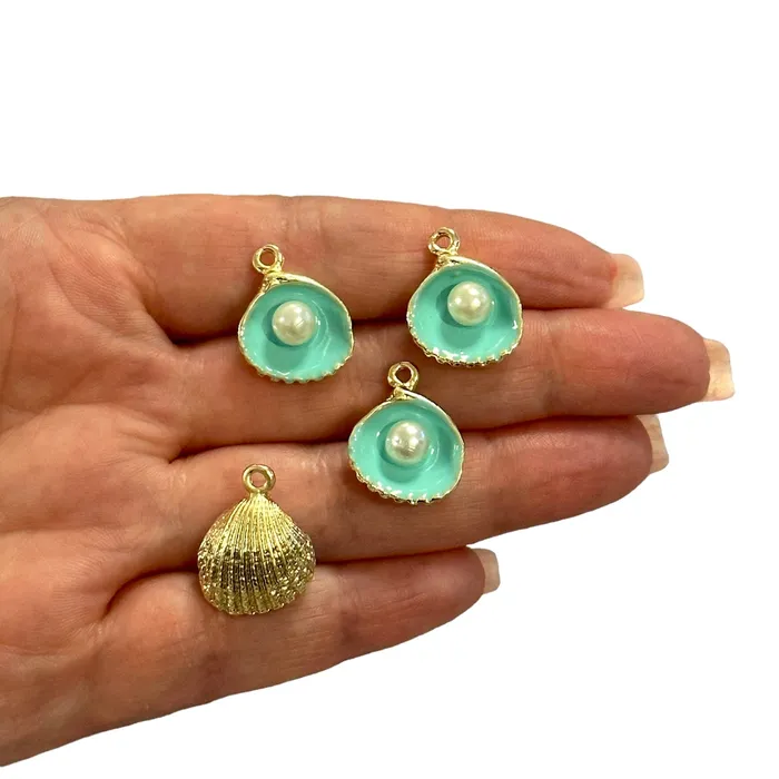 Peppy Beads Earrings 24Kt Gold Plated Mint Enamelled Oyster Charms With Pearl 4 pcs in a pack Peppy Beads Earrings 24Kt Gold Plated Mint Enamelled Oyster Charms With Pearl 4 pcs in a pack