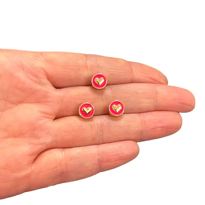 Peppy Beads Necklaces 24Kt Gold Plated DoubleSided Neon Pink Enamelled Heart Spacer Charms 3 pcs in a pack With Horizontal Hole Peppy Beads Necklaces 24Kt Gold Plated DoubleSided Neon Pink Enamelled Heart Spacer Charms 3 pcs in a pack With Horizontal Hole