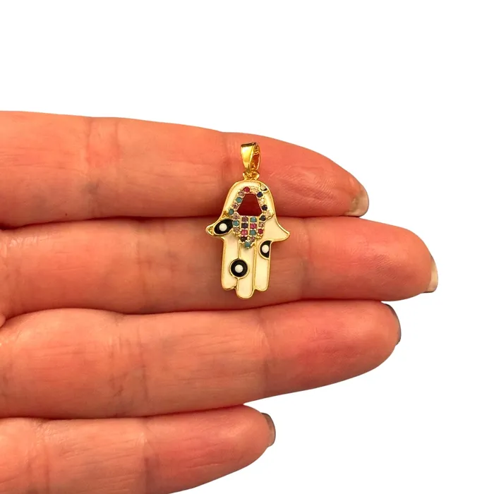Peppy Beads Necklaces 24Kt Gold Plated Stainless Steel Multicolor CZ White Hamsa Charm With Bail Peppy Beads Necklaces 24Kt Gold Plated Stainless Steel Multicolor CZ White Hamsa Charm With Bail