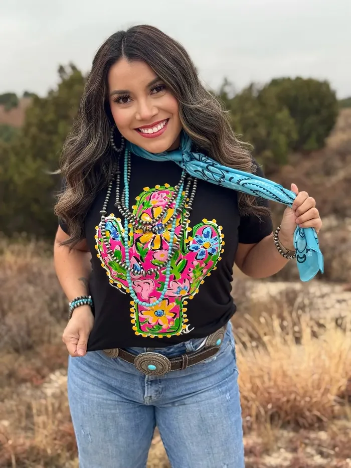 PINK FLORAL CACTUS TEE SOLID BLACK TEXAS TRUE THREADS Rings