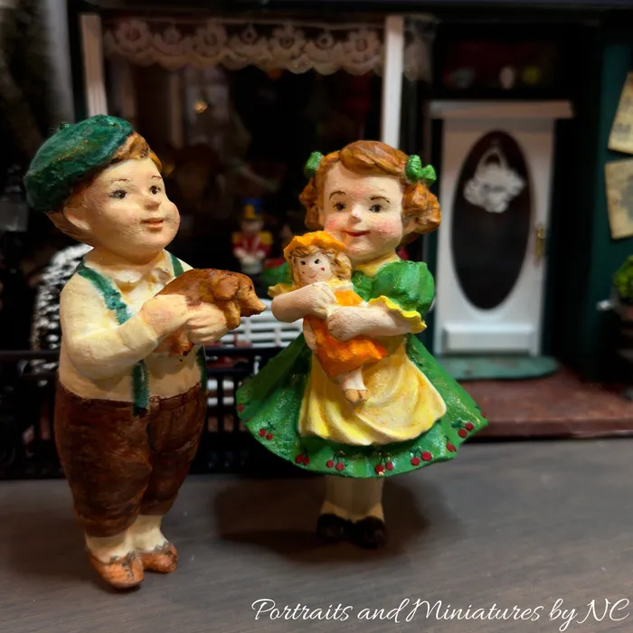 Portraits and Miniatures by NC Necklaces Miniature DollhouseDiorama Figurines Girl and Boy with Dog