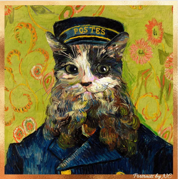Portraits by NC Earrings PETS IN COSTUME Van Gogh Postmaster Costume Cat Portrait Portraits by NC Earrings PETS IN COSTUME Van Gogh Postmaster Costume Cat Portrait