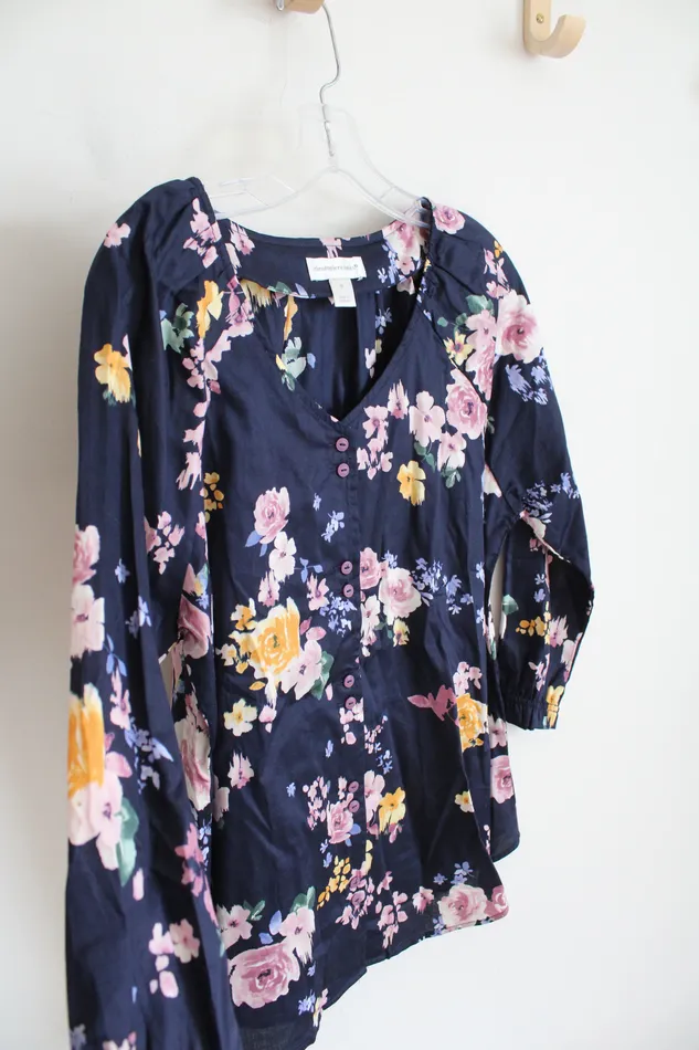 Rings Christopher Banks Christopher Banks Navy Floral Button Down Cotton Top M