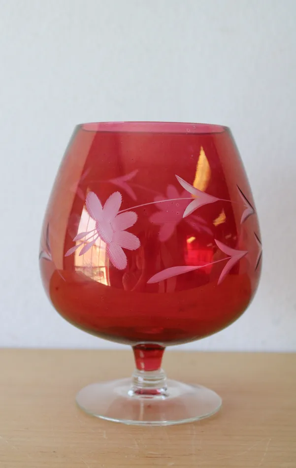 Rings Jubilee Thrift Cranberry Red Floral Etched Stemmed Brandy Vintage Glass Rings Jubilee Thrift Cranberry Red Floral Etched Stemmed Brandy Vintage Glass