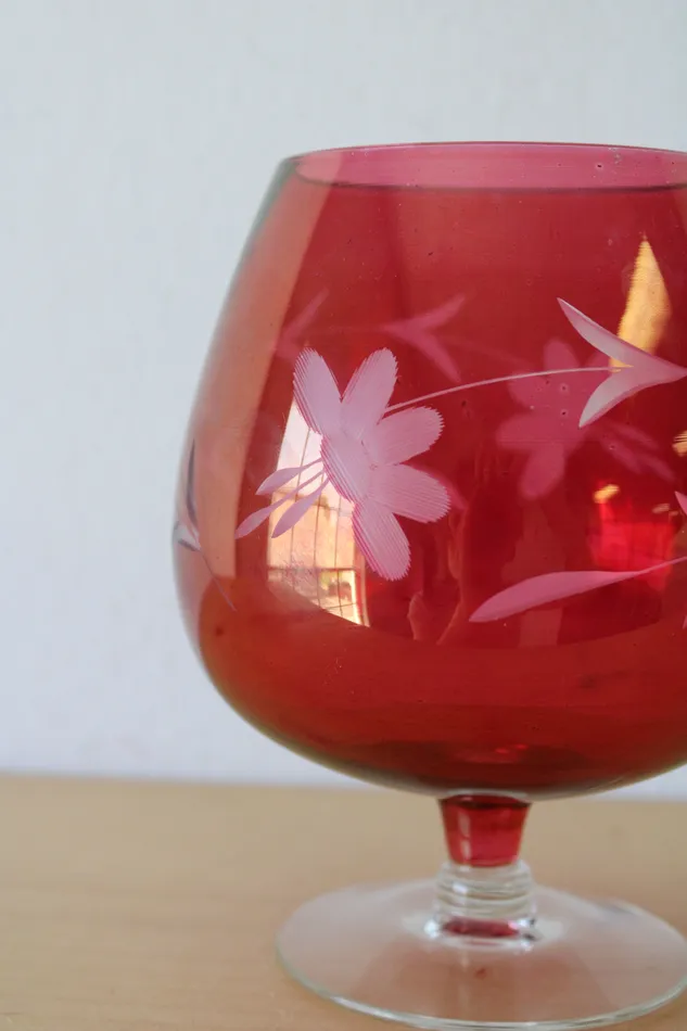 Rings Jubilee Thrift Cranberry Red Floral Etched Stemmed Brandy Vintage Glass