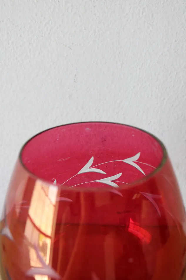 Rings Jubilee Thrift Cranberry Red Floral Etched Stemmed Brandy Vintage Glass