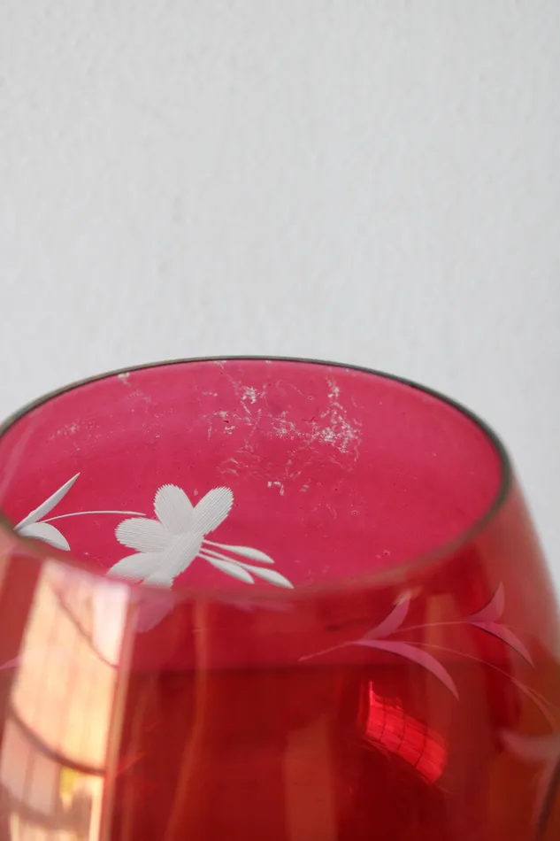 Rings Jubilee Thrift Cranberry Red Floral Etched Stemmed Brandy Vintage Glass