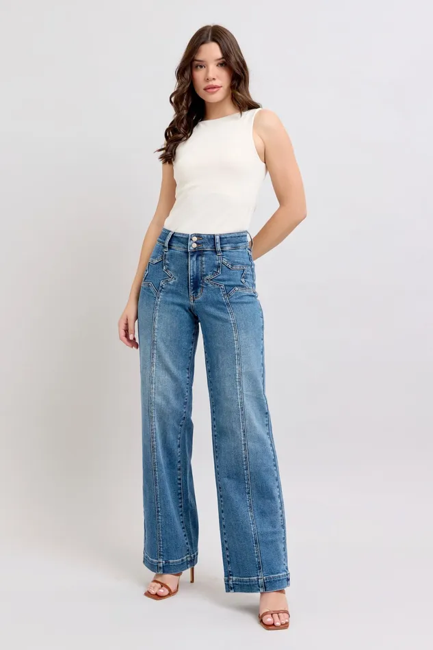 Rings JUDY BLUE JUDY BLUE HIGH WAIST STAR FRONT SEAM DETAIL WIDE JEAN MEDIUM STONE Rings JUDY BLUE JUDY BLUE HIGH WAIST STAR FRONT SEAM DETAIL WIDE JEAN MEDIUM STONE