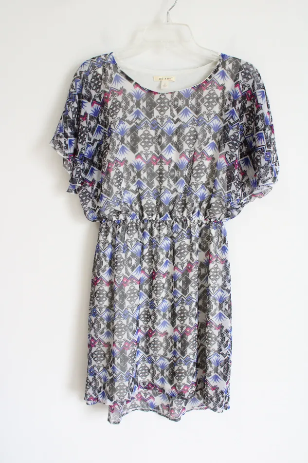 Rings Miami Miami Black Blue Pink Patterned Chiffon Dress S