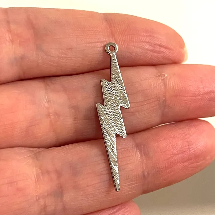Rings Peppy Beads Lightning Bolt Silver Plated Textured Brass Pendants Lightning Bolt Silver Charms