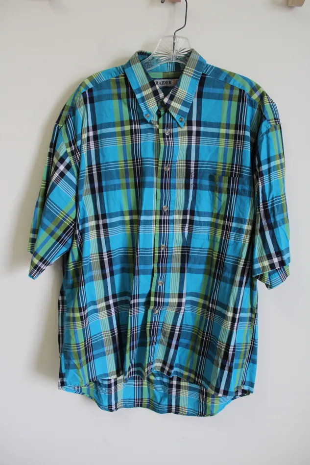 Rings Raider Raider Blue Green Plaid Short Sleeved Button Down Shirt L
