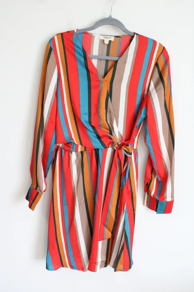 Sandy Sid Rings Sandy Sid New York Red Brown Black Striped Wrap Long Sleeved Summer Dress L