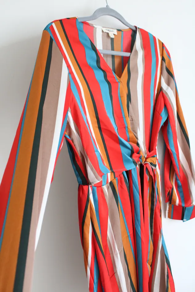 Sandy Sid Rings Sandy Sid New York Red Brown Black Striped Wrap Long Sleeved Summer Dress L
