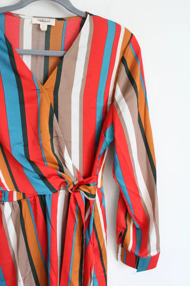 Sandy Sid Rings Sandy Sid New York Red Brown Black Striped Wrap Long Sleeved Summer Dress L