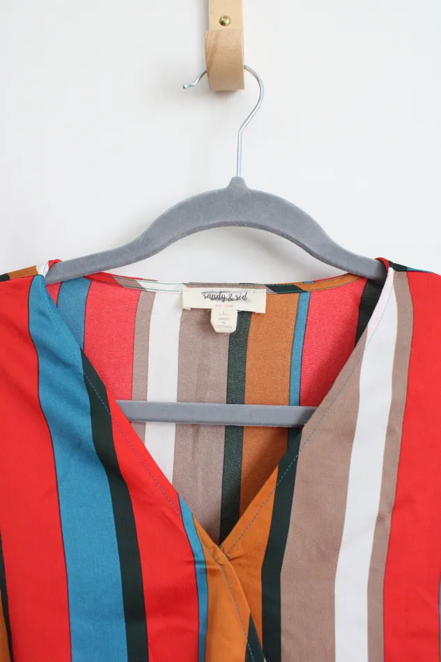 Sandy Sid Rings Sandy Sid New York Red Brown Black Striped Wrap Long Sleeved Summer Dress L